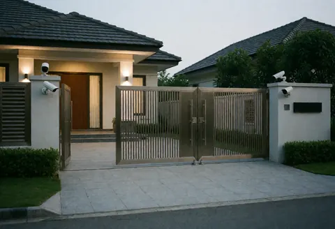 Vue extérieure d'une maison moderne avec un portail sécurisé, des caméras de surveillance et une façade bien éclairée.