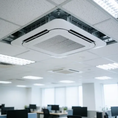 Unité de climatisation cassette blanche fixée au plafond d'un espace de travail professionnel, équipée de ventilations et d'éclairages fluorescents.
