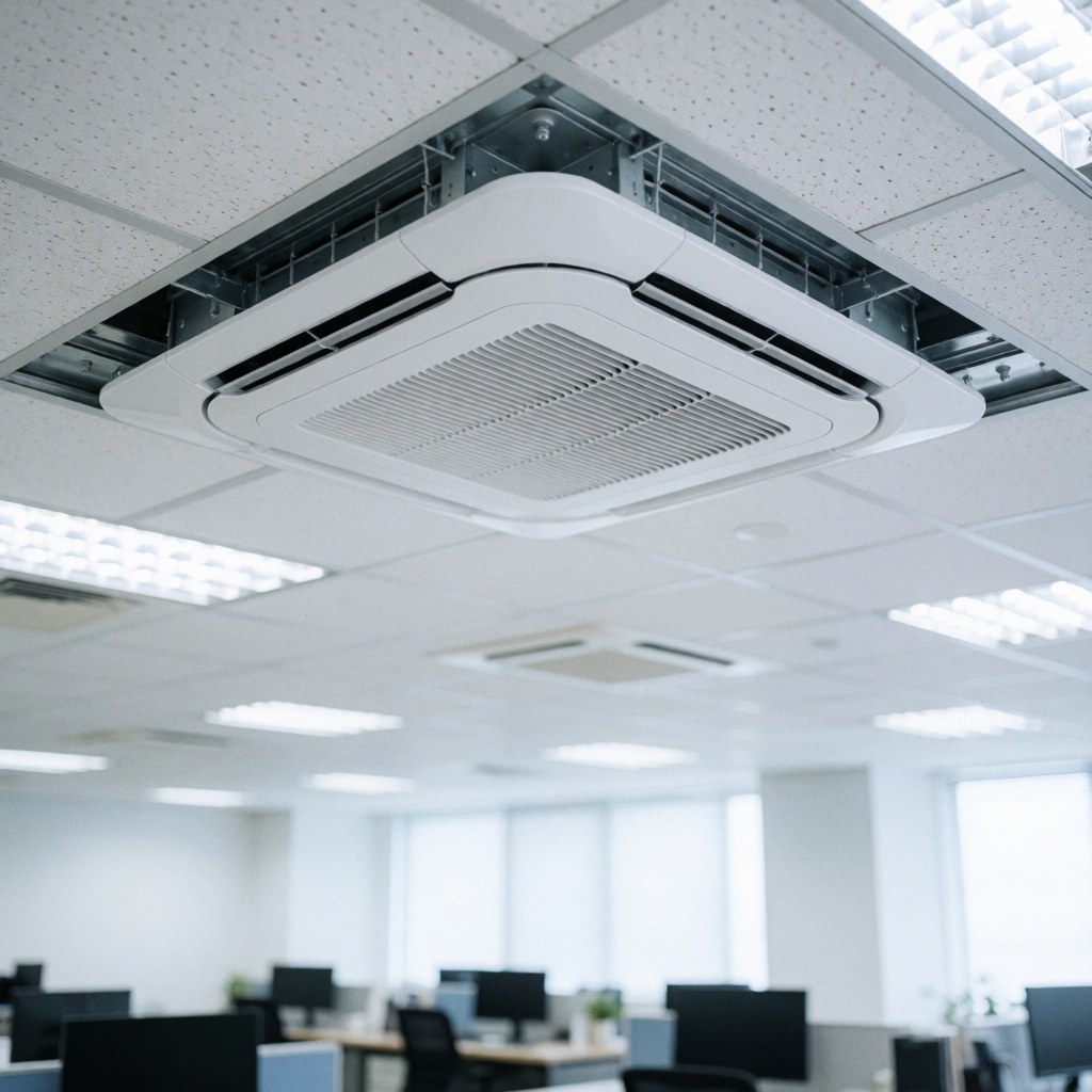 Unité de climatisation cassette blanche fixée au plafond d'un espace de travail professionnel, équipée de ventilations et d'éclairages fluorescents.