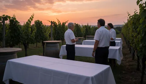 Scène de mariage dans un vignoble au coucher du soleil avec des tables aux nappes blanches et des tonneaux utilisés comme tables latérales. Invités discutant de dos sous un ciel orange et violet, créant une ambiance