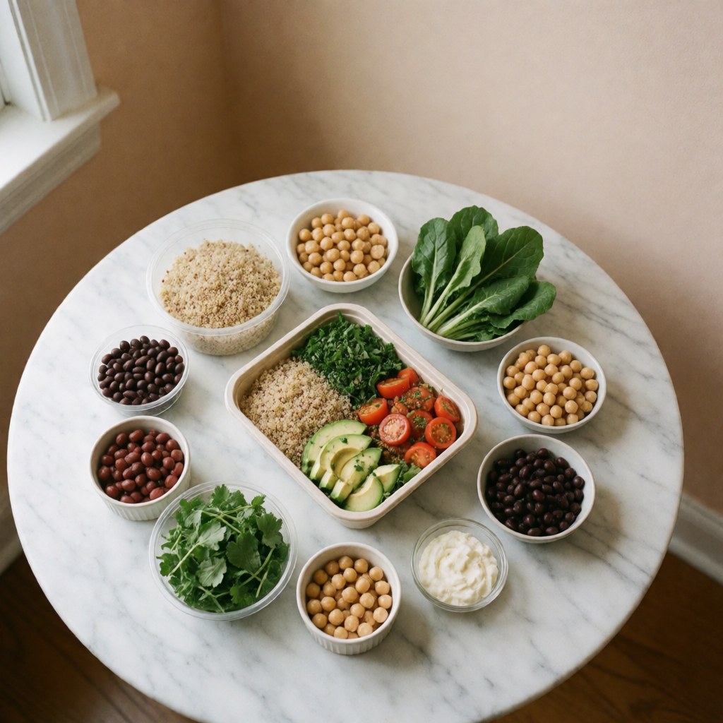 Assiette de repas sain avec quinoa, épinards, avocat et tomate, entourée d'ingrédients frais dans de petits récipients sur une table en marbre blanc.