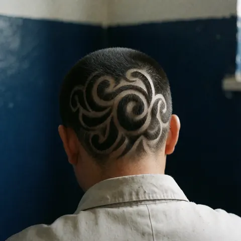 Gros plan d'un design capillaire artistique de style tribal gravé dans les cheveux courts, réalisé par un barbier professionnel sur fond bleu.