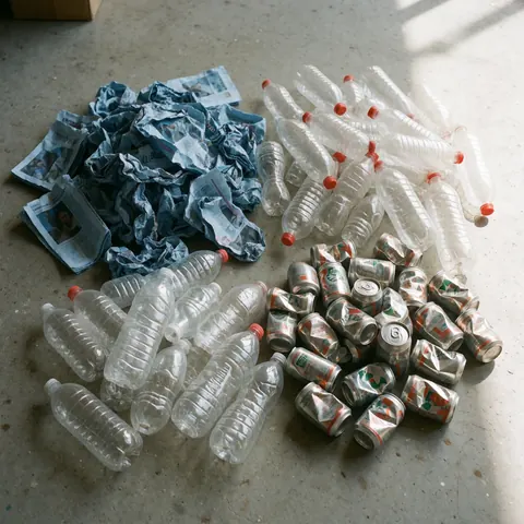 Papiers, bouteilles et canettes recyclables disposés sur un sol en béton, éclairés par la lumière naturelle dans un atelier communautaire.