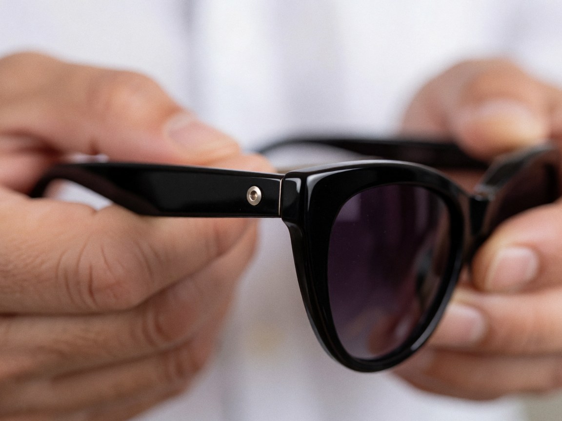 Gros plan sur la charnière métallique et les branches en acrylique noir brillant d'une paire de lunettes de style cat eye, tenue par des mains professionnelles sur fond flou.