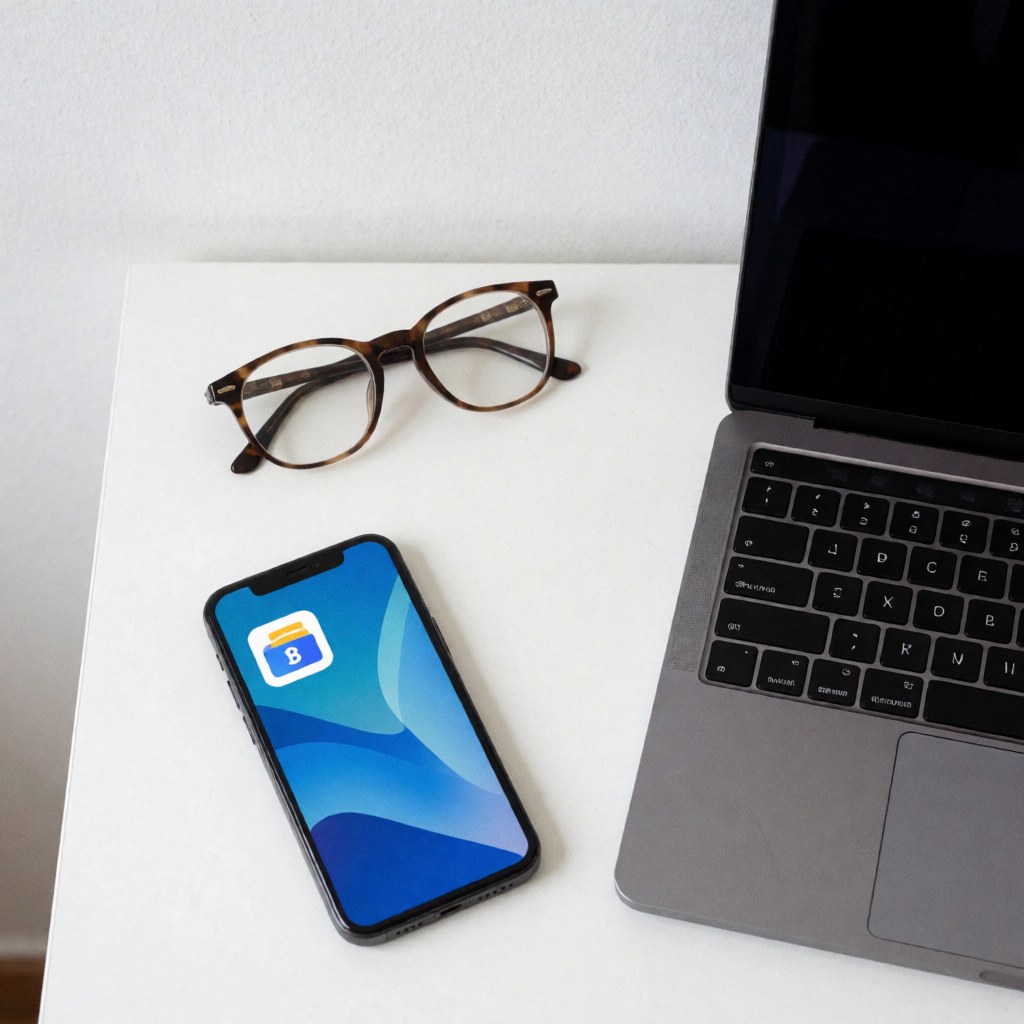 Smartphone avec application bancaire, ordinateur portable et lunettes posés sur un bureau blanc, scène épurée et professionnelle pour les finances et la banque.