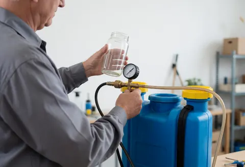 Technicien ajuste un manomètre sur un arroseur bleu dans un atelier avec jarre en verre et étagères en arrière-plan.