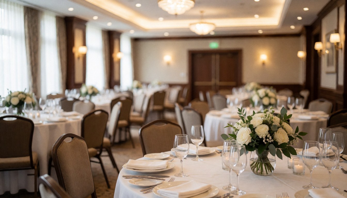 Salle d'événements pour mariages avec tables couvertes de nappes blanches, chaises, verres à vin et centres de table floraux blancs, éclairage chaleureux et fond doux pour texte.