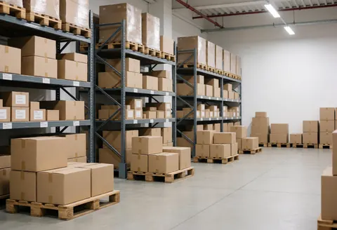 Grand entrepôt industriel vide comportant des étagères métalliques et des cartons sur palets, prêt pour les dons, avec un sol en béton et une bonne luminosité.
