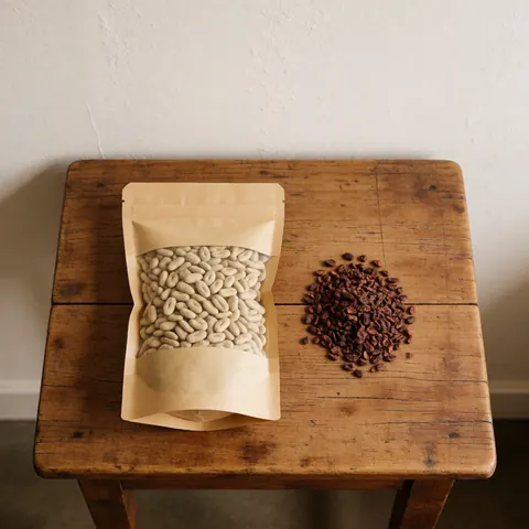 Des grains de cacao verts frais disposés sur une table en bois rustique, mettant en valeur leur texture naturelle et leur couleur verte caractéristique.