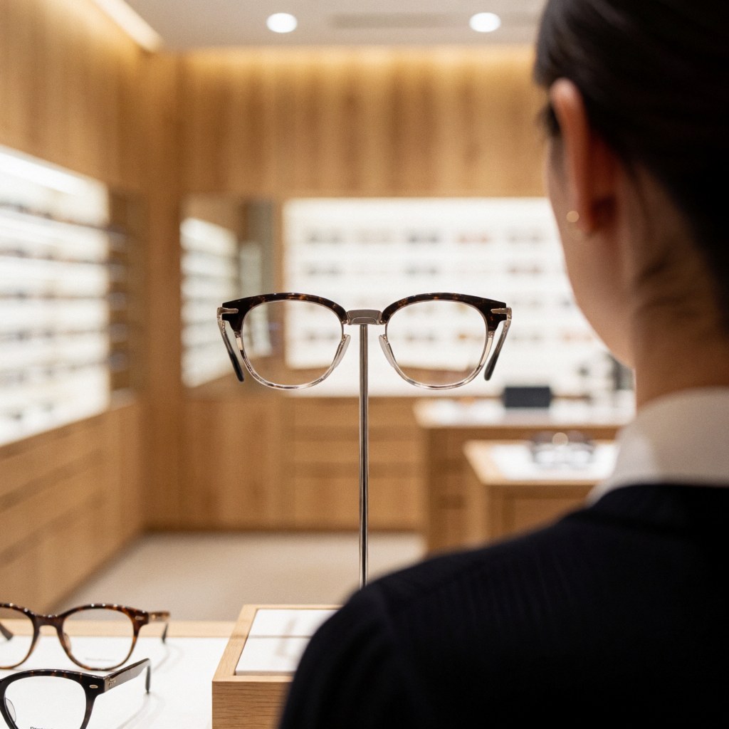 Une paire de lunettes posée sur un présentoir en bois clair, mise en valeur par une lumière chaude dans un magasin d'optique moderne et élégant.