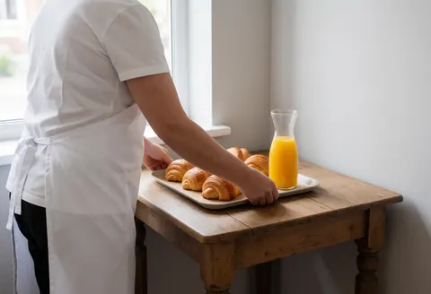 Personnel d'hôtel servant un gâteau et du jus sur une table en bois, éclairé par la lumière naturelle, créant une ambiance chaleureuse et professionnelle.