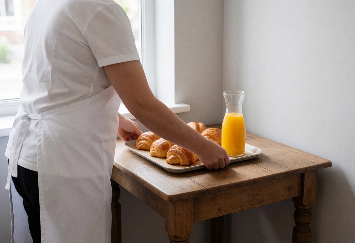 Personnel d'hôtel servant un gâteau et du jus sur une table en bois, éclairé par la lumière naturelle, créant une ambiance chaleureuse et professionnelle.