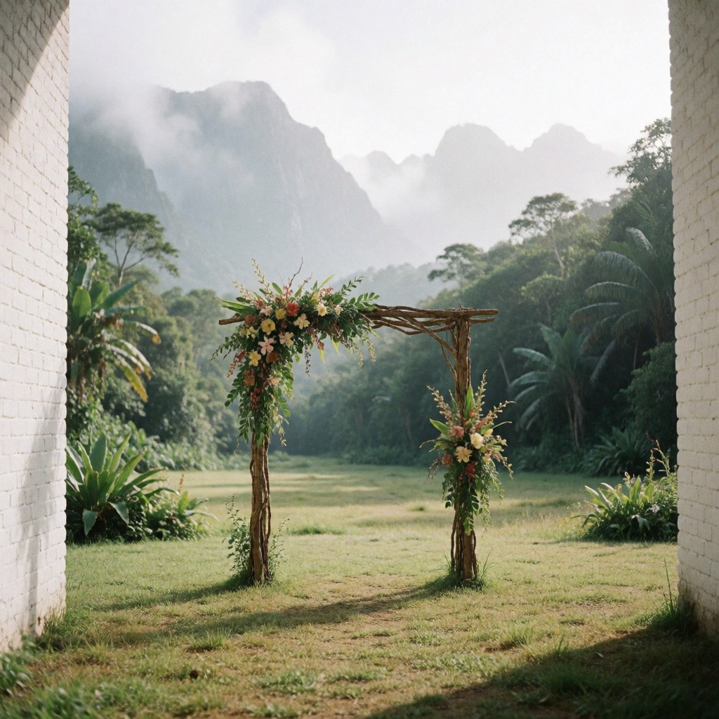 Arc de mariage en bois décoré de fleurs placé dans une clairière avec des montagnes enneigées en arrière-plan, idéal pour les cérémonies extérieures.
