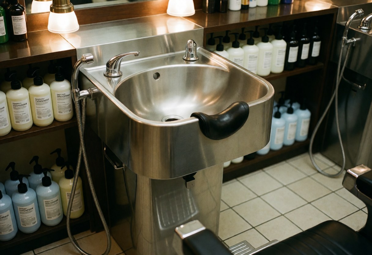Comptoir de barbier avec robinet en acier inoxydable, bouteilles de shampooing, chaise, sol carrelé propre et lumière chaude pour salon de coiffure.