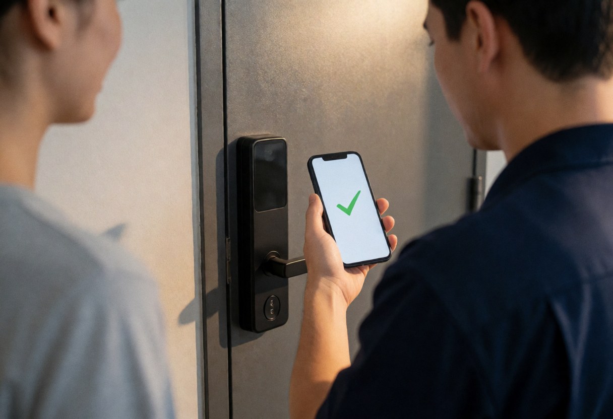 Un technicien en uniforme installe un système de verrouillage connecté sur une porte moderne tout en vérifiant la validation sur l'écran de son smartphone.