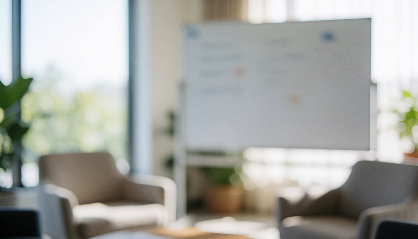 Vue d'un bureau contemporain lumineux avec une grande table centrale entourée de chaises noires et un tableau blanc sur le mur, idéal pour des présentations.