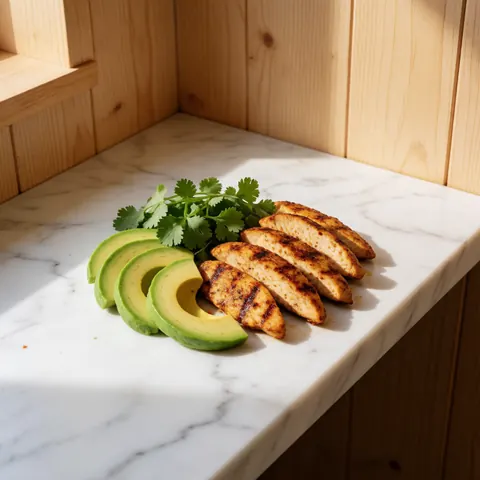 Assiette keto contenant du poulet rôti, de l'avocat et du coriandre posée sur un plan de travail en marbre avec des murs en bois et une lumière naturelle.