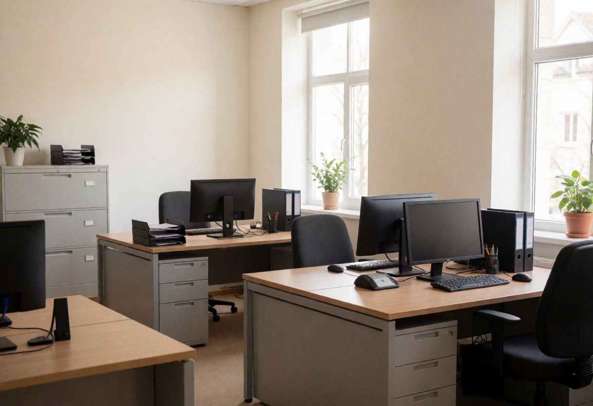 Vue d'un bureau administratif vide, équipé d'un bureau avec ordinateur, d'une chaise ergonomique, d'un classeur et d'une plante verte près d'une fenêtre laissant entrer la lumière naturelle.
