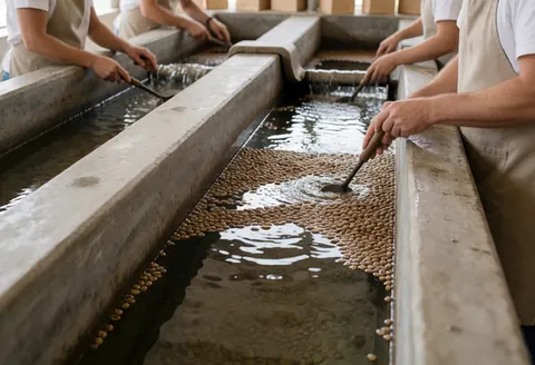 Des ouvriers utilisent des outils pour déplacer les grains de café dans l'eau claire au sein de canaux en béton lors du processus de lavage.