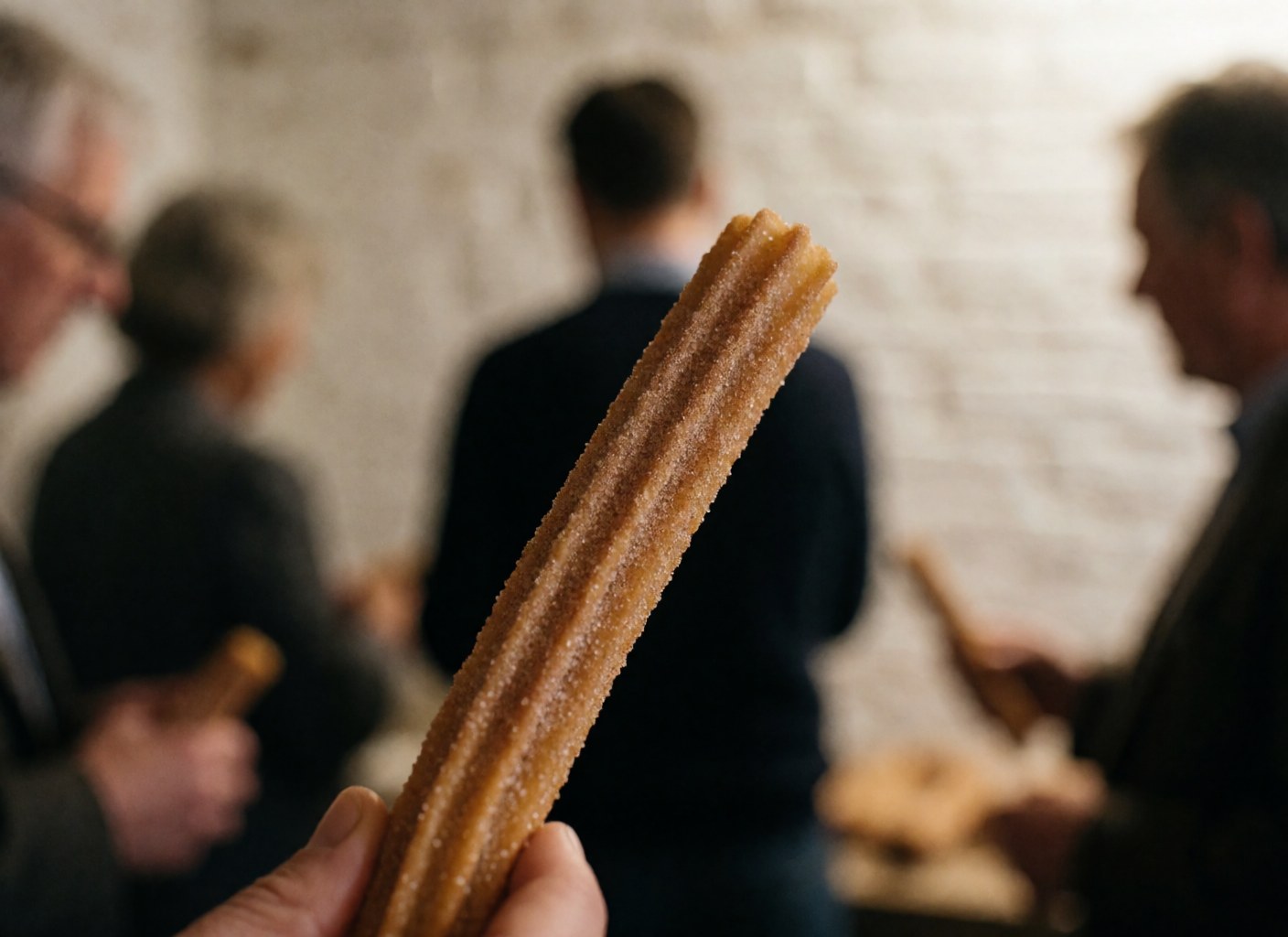 Gros plan sur un churro recouvert de sucre avec un fond flou montrant des personnes, un mur de briques blanches, idéal pour événements et mariages.
