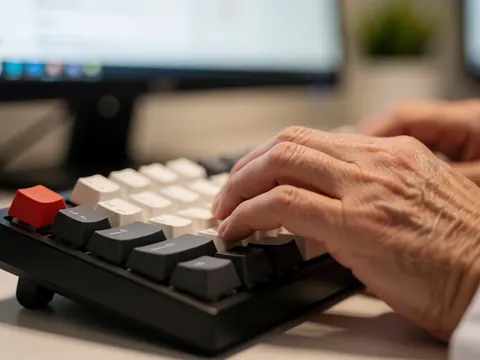 Vue rapprochée d'un clavier mécanique noir posé sur un bureau de travail, symbolisant le développement de logiciels dans le secteur médical et les startups technologiques.