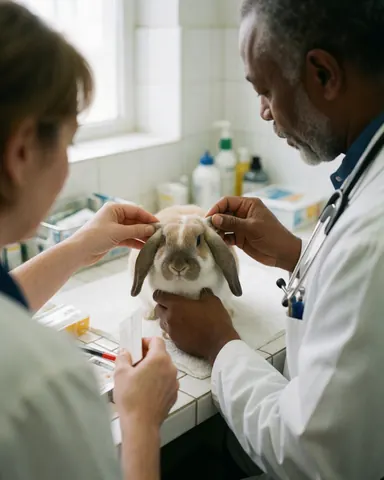 Un vétérinaire effectue un examen médical attentif sur un lapin aux oreilles pendantes dans une clinique vétérinaire.
