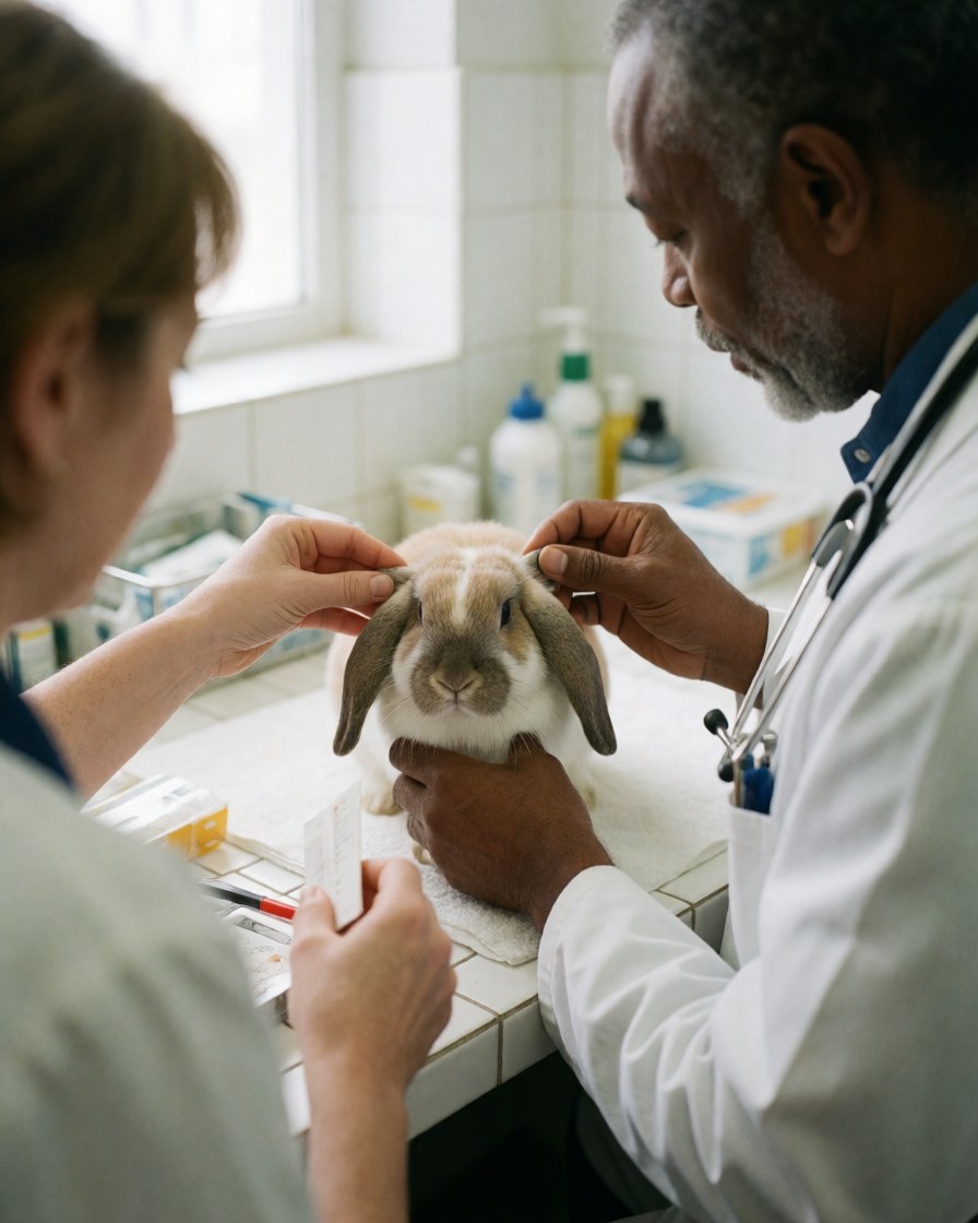 Un vétérinaire effectue un examen médical attentif sur un lapin aux oreilles pendantes dans une clinique vétérinaire.
