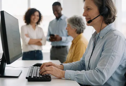 Agent du service client utilisant un ordinateur avec un casque dans un bureau moderne éclairé, avec trois personnes en arrière-plan observant la scène professionnelle.