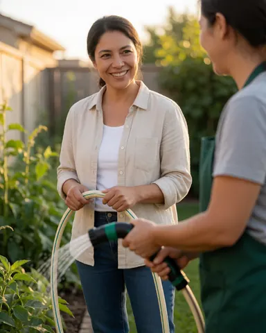 Une jardinière tend un tuyau d'arrosage à une cliente dans son jardin, toutes deux sourient alors que l'eau s'en écoule.