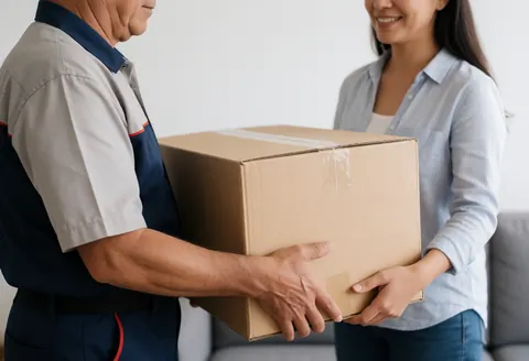 Un homme transporte une grande boîte de meubles pour la livraison à domicile d'un client.