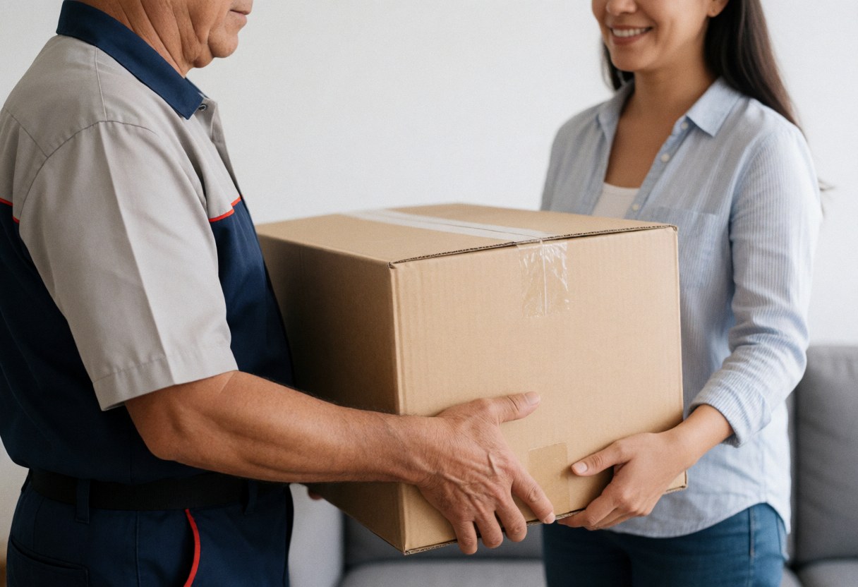 Un homme transporte une grande boîte de meubles pour la livraison à domicile d'un client.