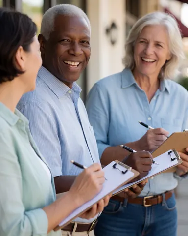 Trois adultes souriants travaillant ensemble avec des tablettes et des stylos lors d'un événement en plein air, vêtus de manière décontractée, sous un soleil éclatant avec un fond flou.