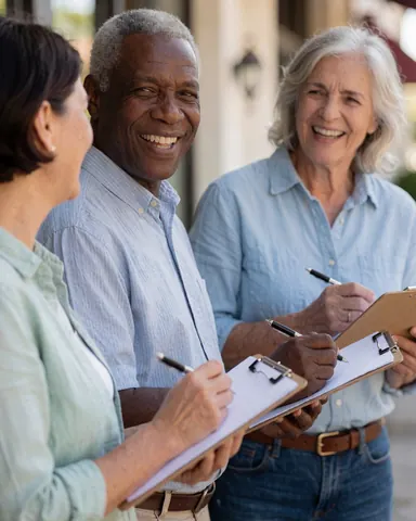 Trois adultes souriants travaillant ensemble avec des tablettes et des stylos lors d'un événement en plein air, vêtus de manière décontractée, sous un soleil éclatant avec un fond flou.