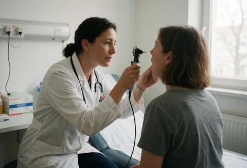 Une docteure en blouse blanche utilise un otoscope pour examiner la gorge d'une patiente assise sur une table d'examen dans une clinique éclairée par la lumière naturelle.