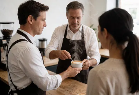 Un barista sert un café avec mousse à une cliente dans un café moderne, la vapeur s'élevant au-dessus de la tasse blanche.