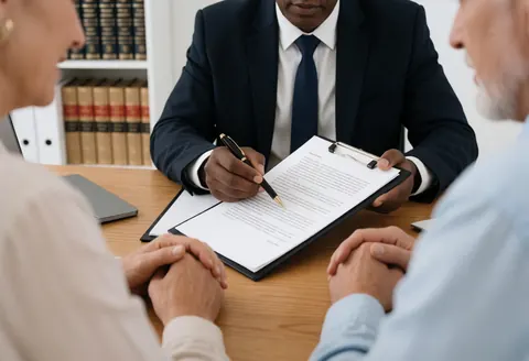 Un avocat en bureau explique un document juridique à deux clients assis face à lui sur une table en bois, avec des livres de droit en arrière-plan.