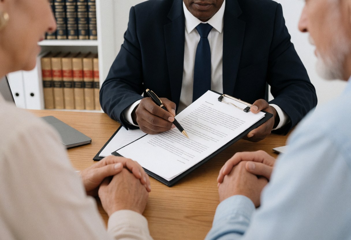 Un avocat en bureau explique un document juridique à deux clients assis face à lui sur une table en bois, avec des livres de droit en arrière-plan.