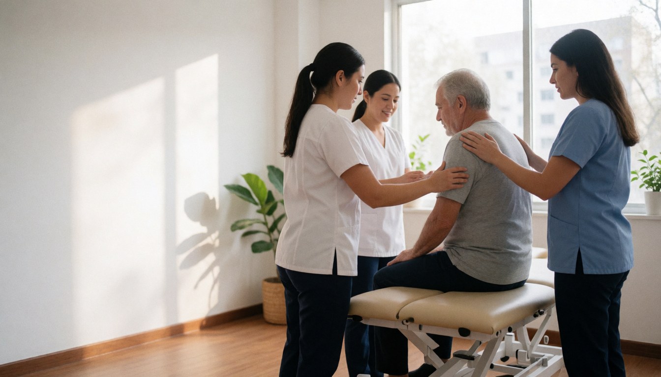 Trois professionnels en tenue blanche accompagnent un patient âgé allongé sur une table de traitement dans un cabinet moderne lumineux et verdoyant.