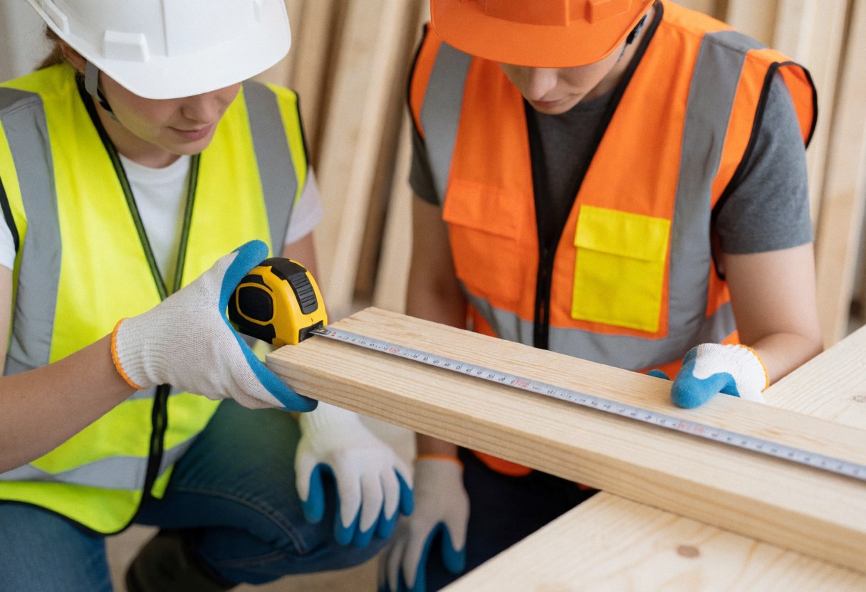 Un ouvrier en tenue de sécurité mesure précisément une planche de bois à l'aide d'un mètre ruban sur un chantier de construction.
