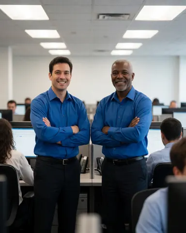 Deux agents de service client souriants travaillant dans un bureau moderne avec ordinateurs et téléphones.