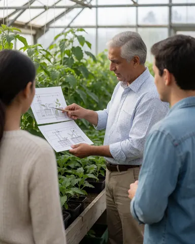 Un jardinier senior montre des schémas d'irrigation à deux jeunes collaborateurs au milieu de plantes vertes sous un éclairage naturel.