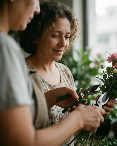 Une fleuriste utilise des ciseaux pour tailler délicatement une rose dans sa boutique, baignée de lumière naturelle provenant d'une fenêtre.