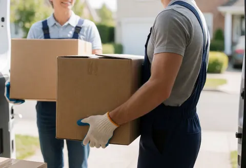 Deux déménageurs portent des boîtes en carton d'une fourgonnette vers une maison dans une rue résidentielle ensoleillée.