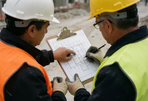 Des officiers en tenue de sécurité vérifient des plans techniques sur un chantier de construction pour assurer la conformité du projet.