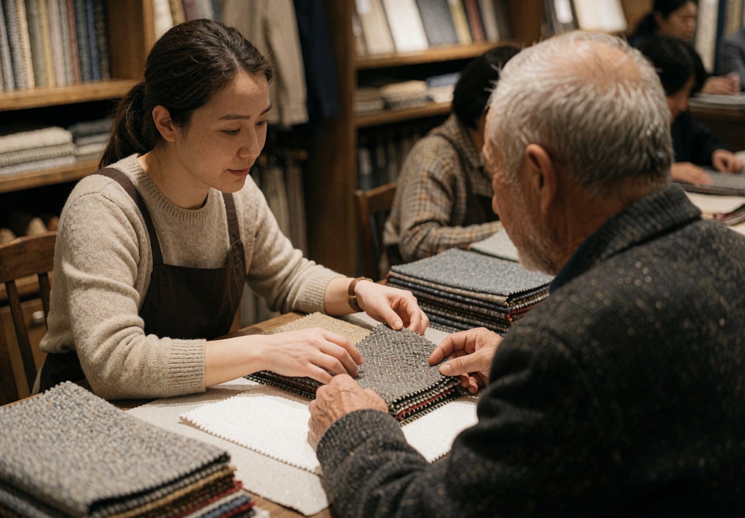 Une vendeuse montre des tissus à un client âgé dans une boutique de meubles. Ils sont assis à une table avec des piles de tissus, dans une ambiance chaleureuse et professionnelle.