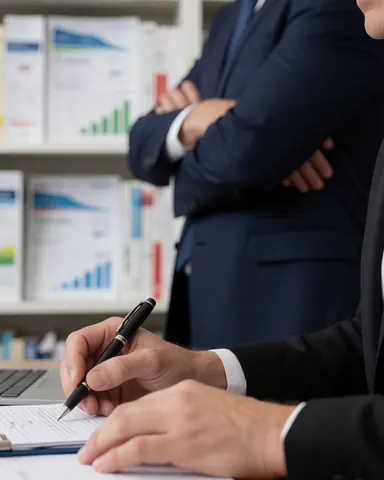 Un conseiller financier écrit dans un carnet avec un stylo, debout bras croisés, devant une étagère remplie de dossiers et de graphiques en arrière-plan.