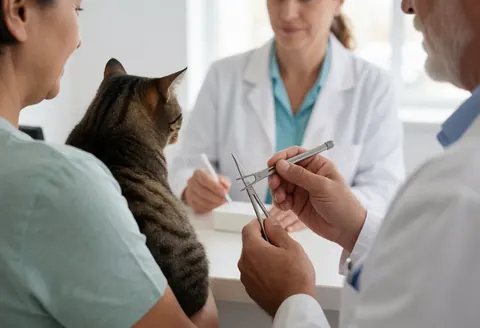 Un vétérinaire examine un chat tabby avec des instruments pendant qu'une personne le tient et qu'une autre note dans un carnet.
