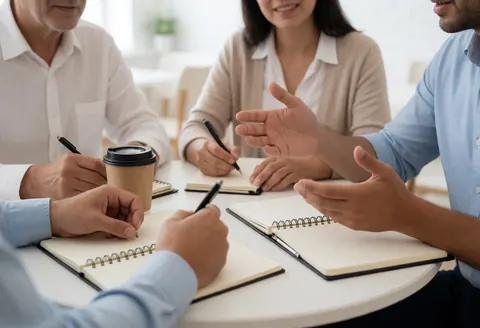 Professionnels lors d'une réunion de consultation, prenant des notes et buvant du café sur une table blanche dans un bureau moderne et lumineux.