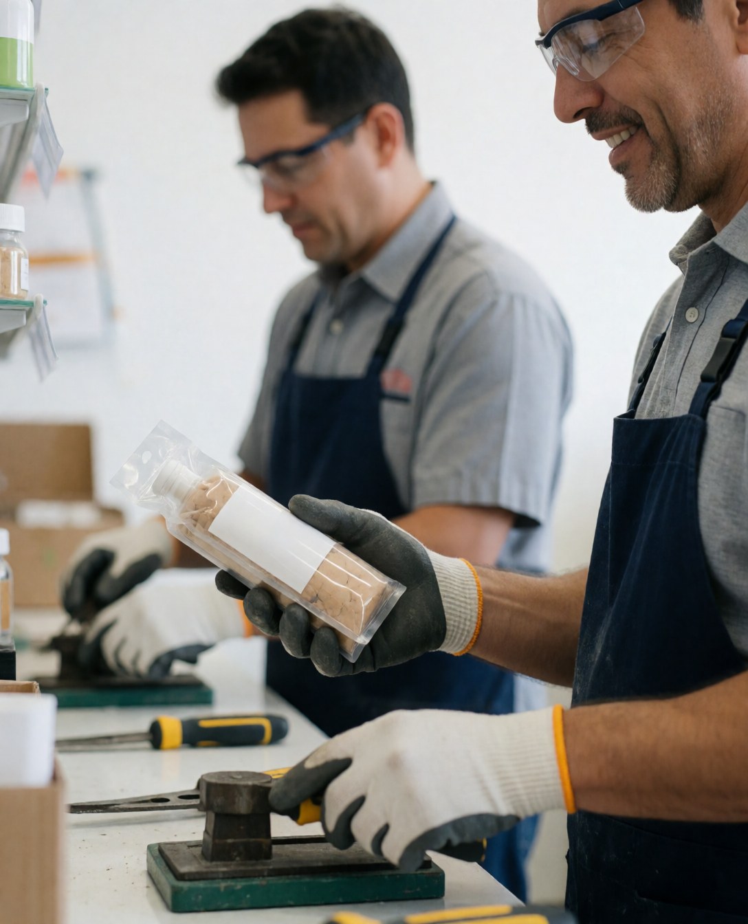Deux travailleurs en usine, l'un tient un produit emballé, l'autre utilise des outils, tous deux avec gants et lunettes de sécurité, dans un environnement industriel propre et bien éclairé.