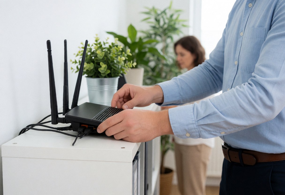 Un technicien professionnel installe des câbles et configure les antennes d'un routeur pour mettre en place une connexion wifi dans un bureau.